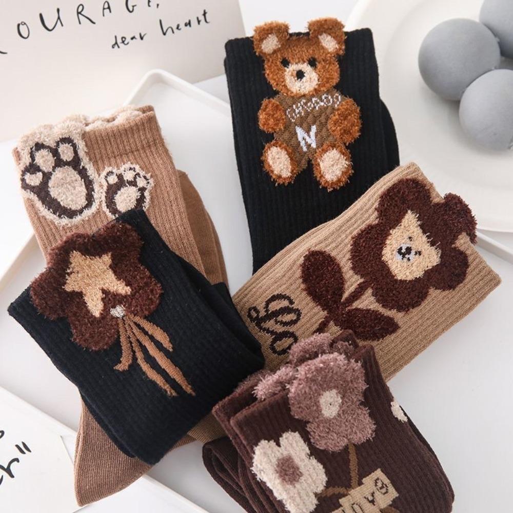 

5 Pairs Bear Tube Socks Women Brown Cotton Socks Kawaii Mid-Calf Socks Students 5pairs