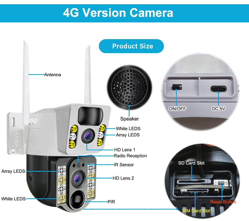 8MP 4K HD Solar IP Camera Wifi 4G Sim Dual Lens Outdoor PIR Human Detection CCTV Camera Low Powered V380pro Smart Security IP Cameras