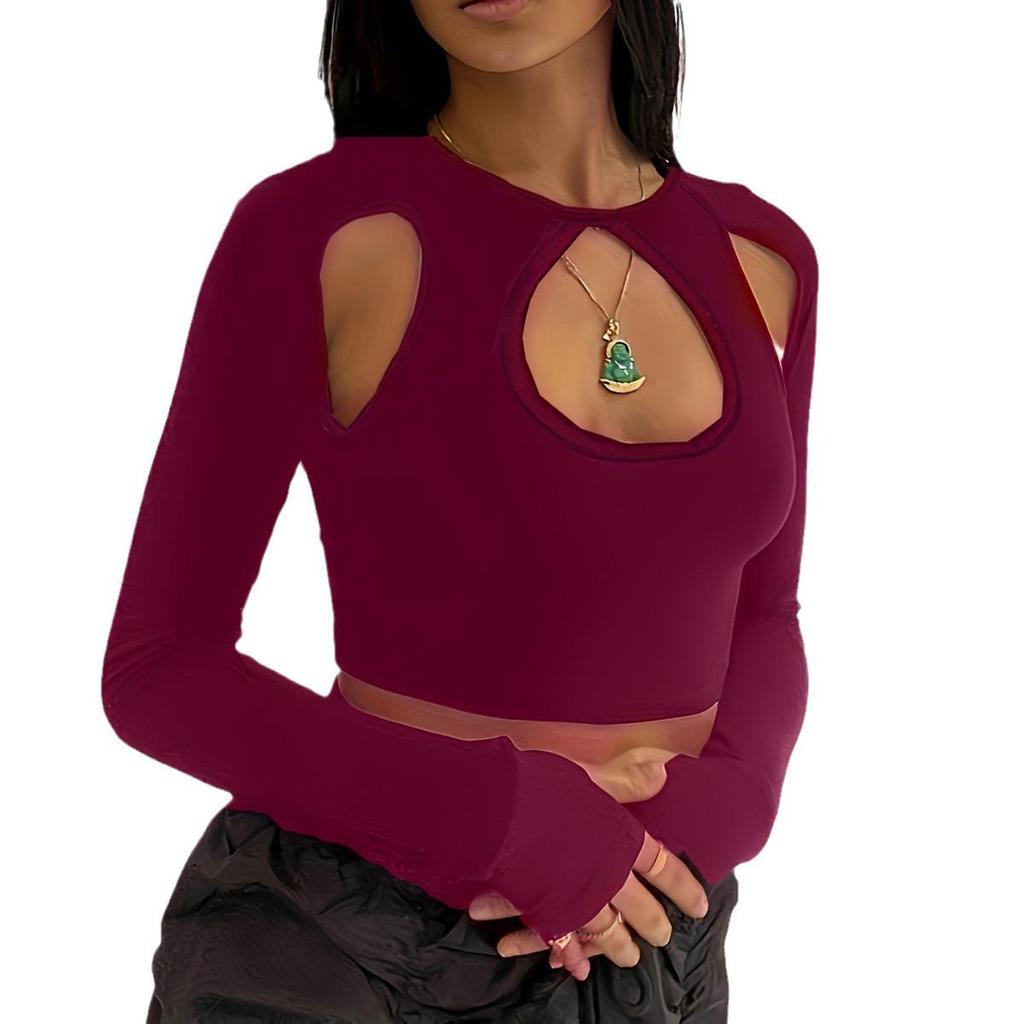 Spring/Summer Streetwear Solid Color Round Neck Long Sleeve Hollow Out Cropped T-shirt