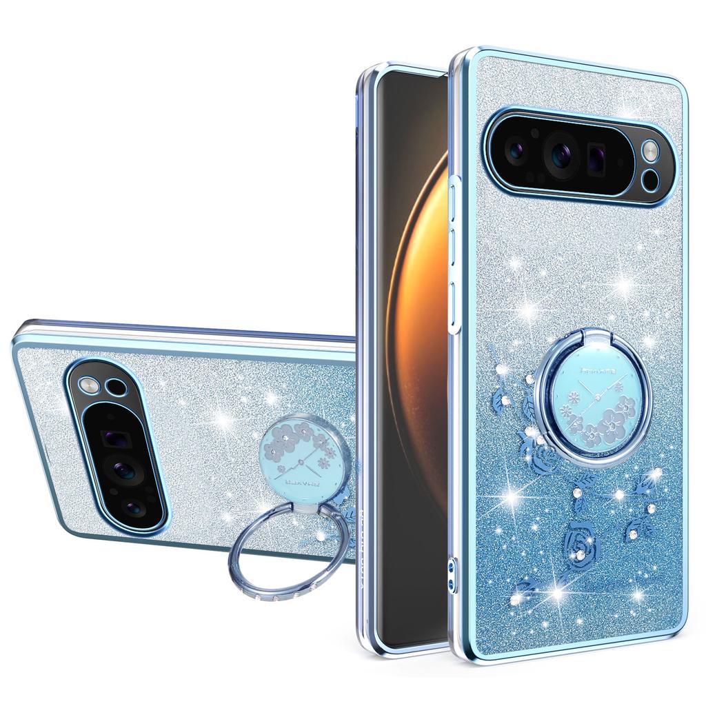 KADEM For Google Pixel 10/10 Pro Case Ring Kickstand TPU Flowers Phone Cover Gradient Glitter