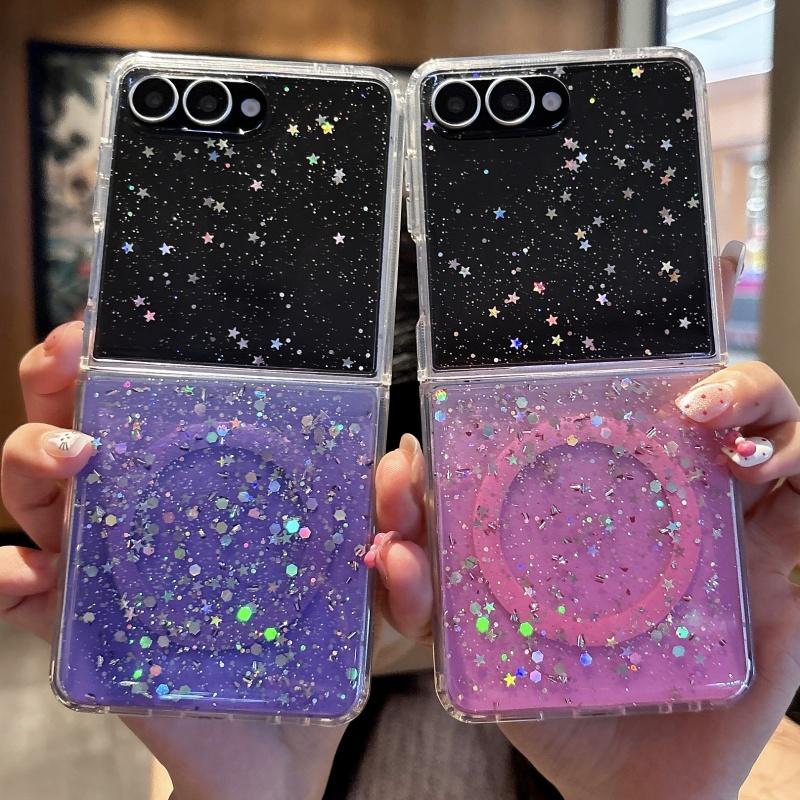 Glitter Gradient Transparent Magnetic Phone Case for Samsung Galaxy Z Flip 7 FE 6 5 4 3 for Magsafe Wireless Charge Cover