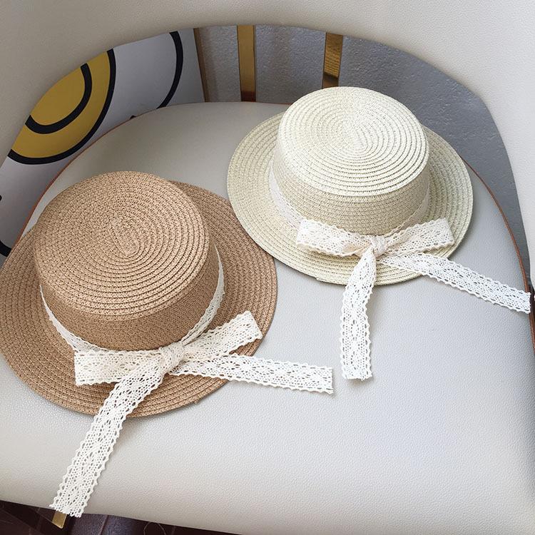 Summer Sun Hat Parent-Child Bucket Cap Women Baby Girls Simple Beige Lace Bowknot Ribbon Straw Hat Beach Outdoor Panama Bonnet