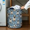 1pc Pug Pattern Bliss Foldable Laundry Basket - Compact Round Design with Handle - Blue with White Dog and Hearts - Durable Polyester Fabric - Ideal F