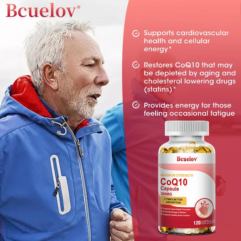 Bcuelov Coenzym Q10 Kapseln 200mg mit schwarzem Pfefferextrakt zur Linderung von Müdigkeit 120 Kapseln