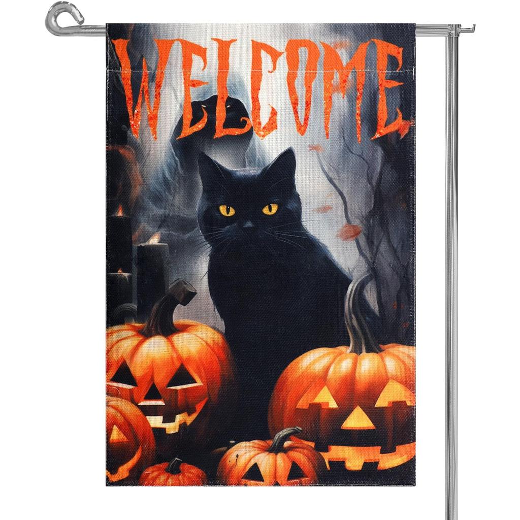 Halloween Garden Flag, Double Sided Garden Flag Scary Pumpkin Black Cat Spooky Garden Banner Halloween Decorations for Home Yard Decor