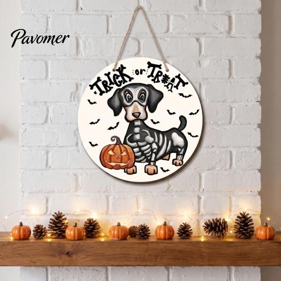 Indoor Halloween Wall Art Dachshund Hanging Sign, Spooky Skeleton Dog Trick or Treat Wooden Theme Decoration with Pumpkin Bat Pattern, Holiday Welcome