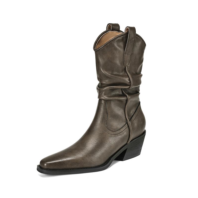 Fashion 2024 New Autumn Winter Women Boot Fashion Pleated Boots for Women Chunky Heel Mid-calf Boots Ladies Shoes Western Boots Retro