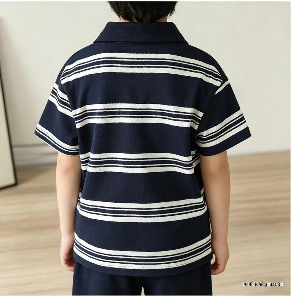 2025 Kids' Striped POLO Shirt - Unisex Summer Lapel Short Sleeve Color Block Top, Korean Style