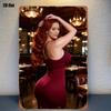 Metal Wall Art Poster Retro Redhead Beauty with Chandelier for Bar Decor