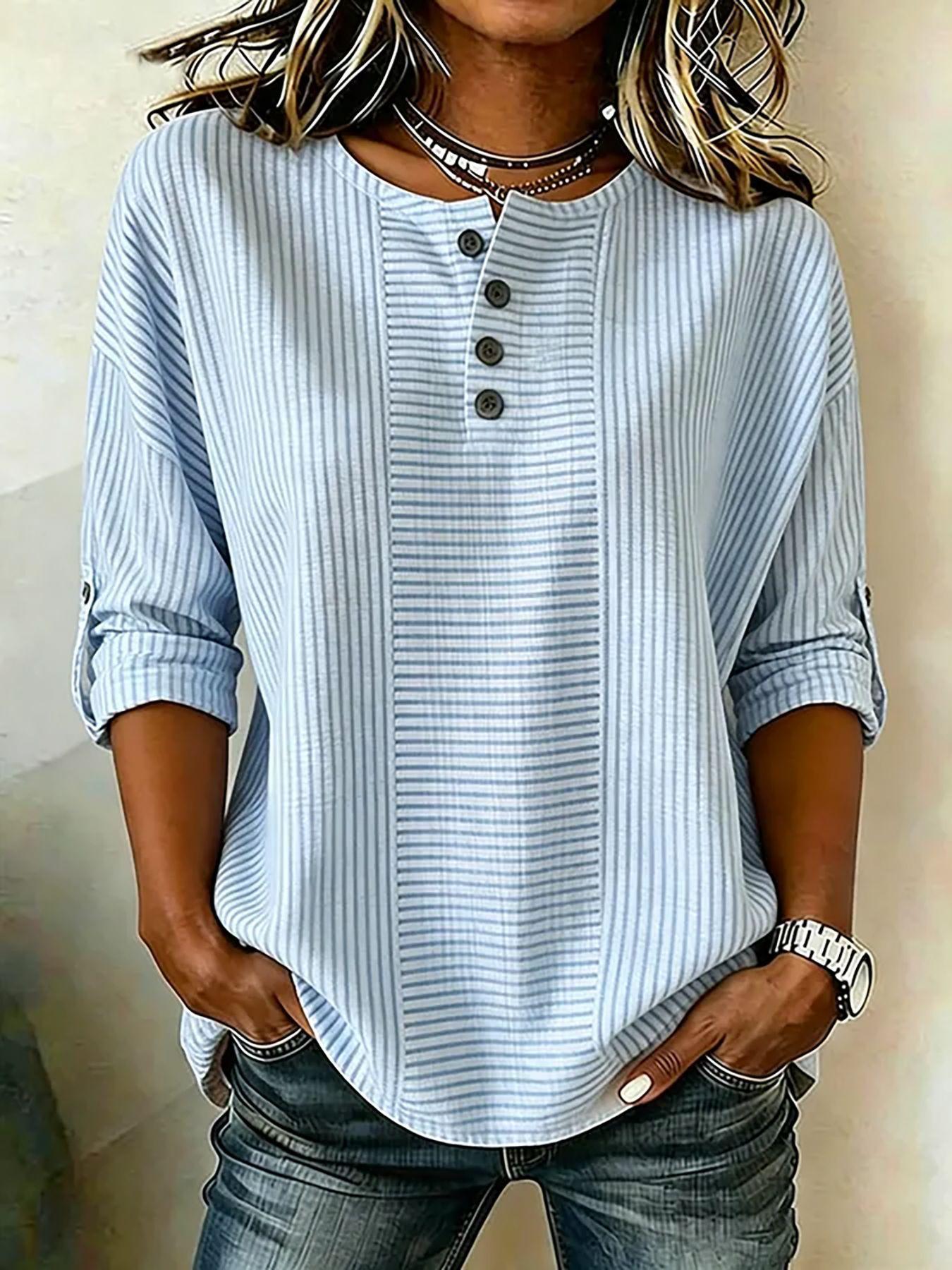 Women Striped Long Sleeve Henley Top Casual Crew Neck Blouse with Button Detail S