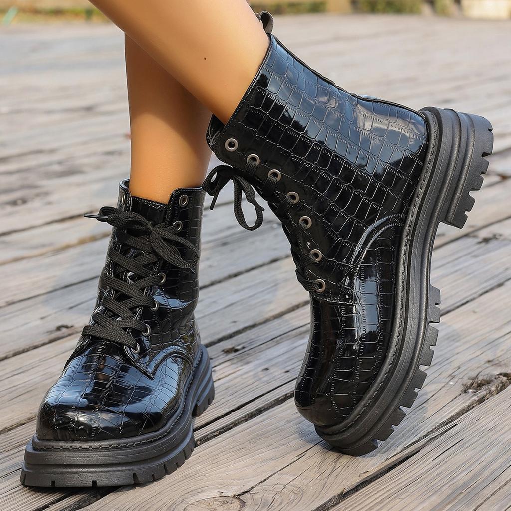 Women's  Fall Embossed High Top Boots British Motorcycle Style Lace Up Leather Mid Calf Shoes Chunky Sole Comfortable
