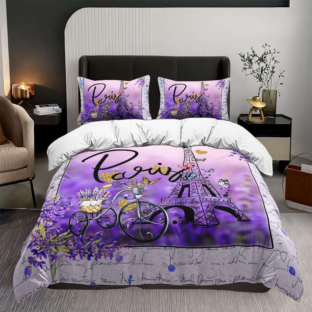 3pcs Purple Bedding Set Paris Eiffel Tower Printed Cozy Duvet Cover King Queen Twin Size Birthday Gift for Adult Bedroom Decor