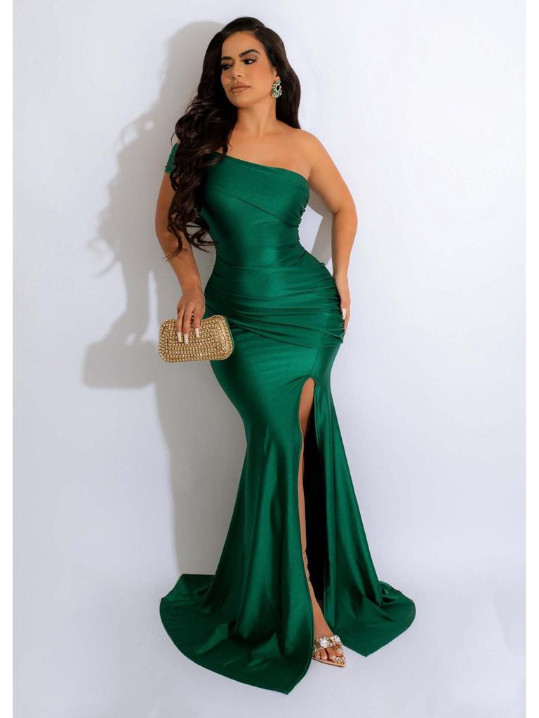 European & American Women's One-Shoulder Slit Evening Gown