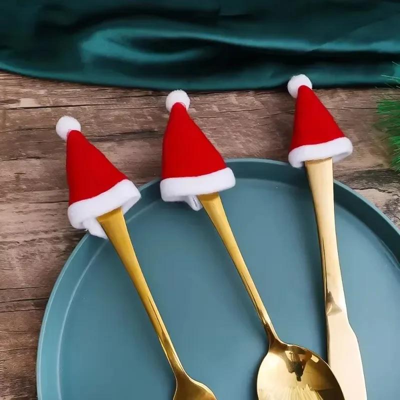 Mini Santa Hats Wine Bottle Covers Lollipops Candy Caps Christmas Tableware Holder Bottles Bags Xmas New Year Party Decoration