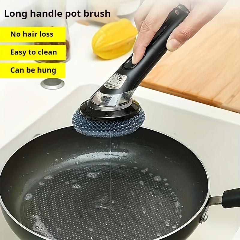1pc Pot Brush with Handle, Cleaning Brush with Soap Dispenser, Non-Electric Plastic Kitchen Brush for Pans, And Bowls, Easy-To-Clean Steel Wool Brush