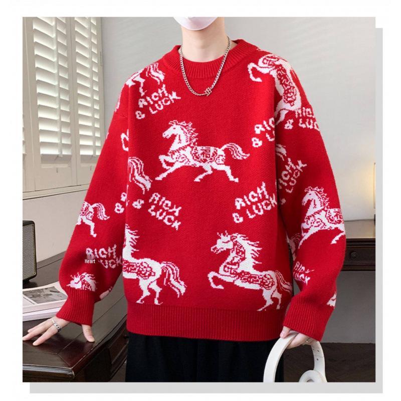 

Year of the Horse Cartoon Print Crewneck Sweater - Men s Hip Hop Streetwear Knitwear L червоний