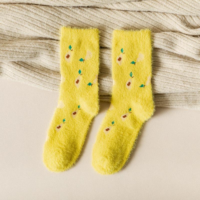 Female Autumn and Winter Plus Velvet and Thick Warm Mink Velvet Warm Fruit Strawberry Deodorant Tube Socks