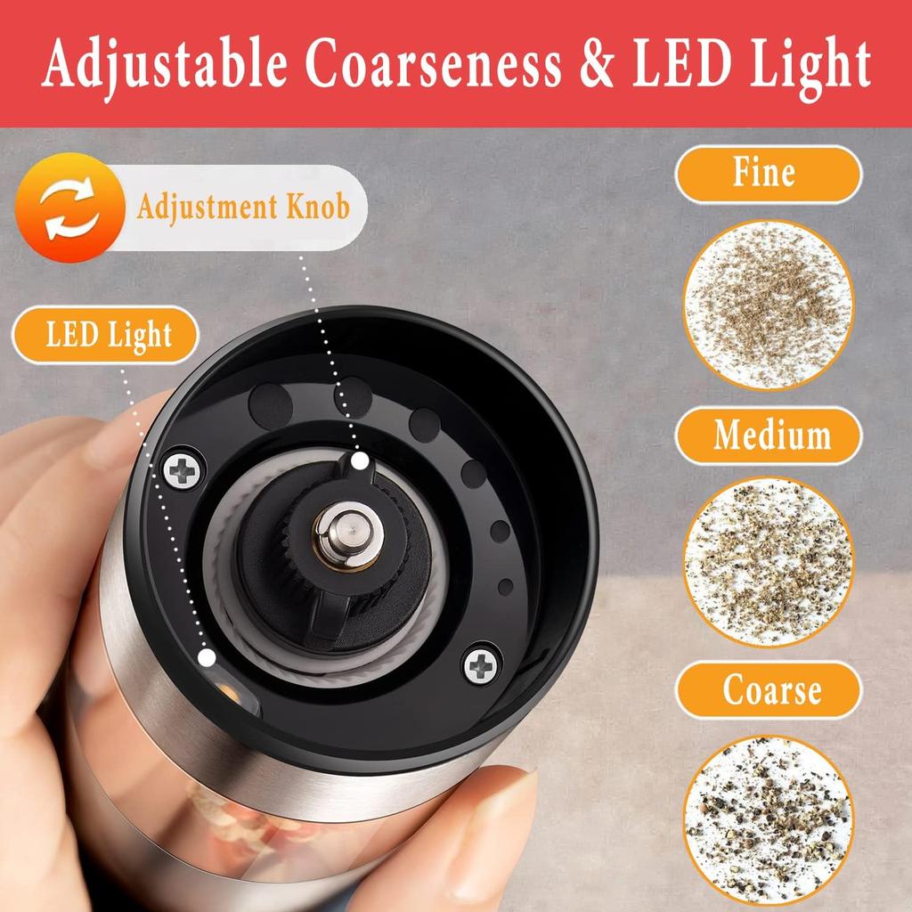 Rechargeable Electric Salt and Pepper Grinder Set with Holder - Nicely Packaged Giftable - No Battery Needed - Automatic Pepper Mill & Adjustable