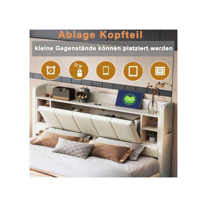 Gepolstertes Bett 160 x 200 cm, mit USB-Anschluss und Lichtleiste, wendbares Kopfteil