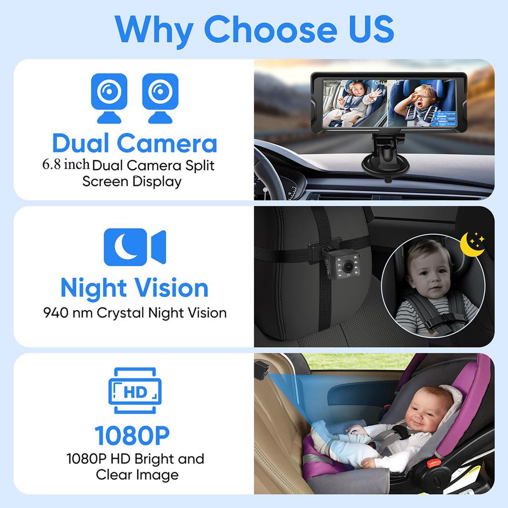 Baby Car Camera Dual Channel 6.8 Inch 1080P Baby Monitor with IR Night Vision Camera and 150 Degrees  Wide View for
