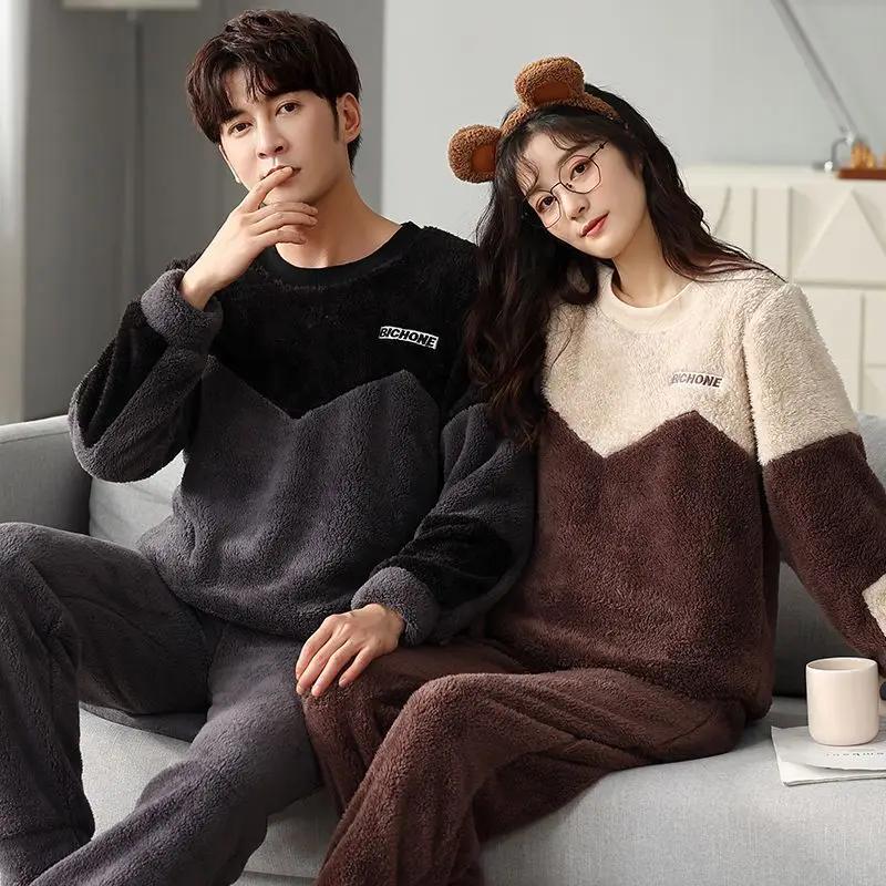 New Coral Velvet Couple Pajamas Women Thickened Autumn Winter Sleepwear Plus Velvet Flannel Men Round Collar Homewear Suit