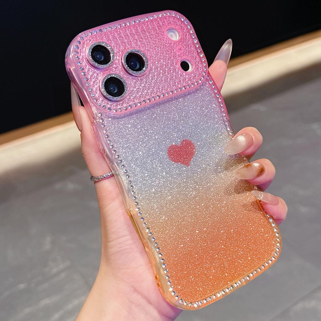 For iPhone 17 Pro Case Sparkle Rhinestone Decor TPU Phone Cover with Glitter Gradient Card