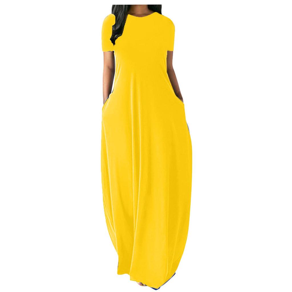 Plus Size Women’s Solid Color Round Neck Pocket Maxi Dress – Short Sleeve, Loose Fit