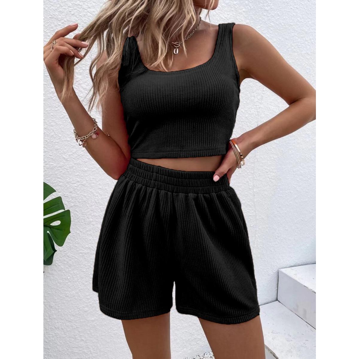 

Женский рубчатый комплект майка-топ и шорты, повседневная одежда для отпуска, без карманов XL чёрный