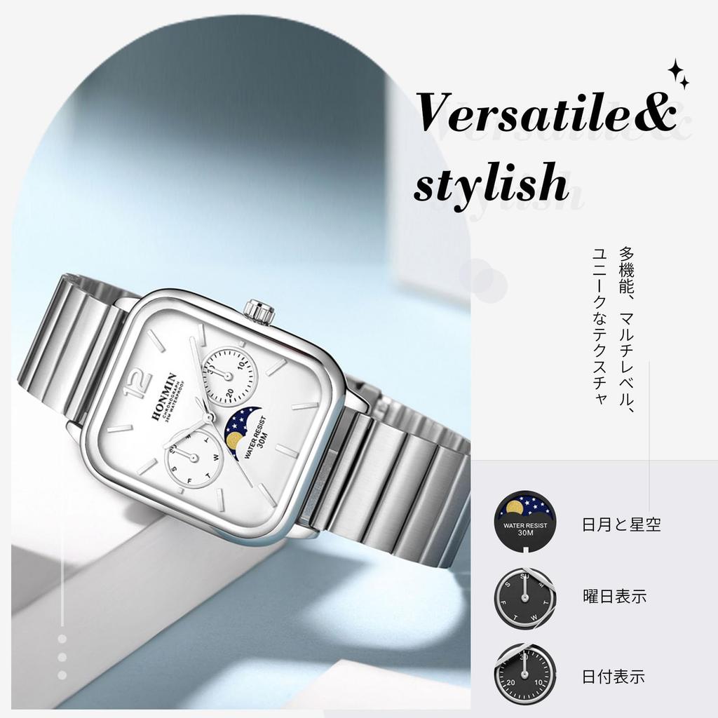 RORIOS Square Analog Watch with and Star Date and Day Watch with Stainless Steel Popular for and Job White Men's Sun, Moon, Display, Display,