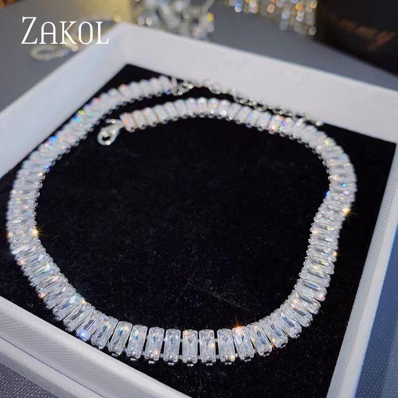 

ZAKOL Корейская мода Прямоугольные циркониевые чокеры для женщин Роскошные прозрачные геометрические кубические цирконии Сексуальные украшения для банкетной вечеринки белый