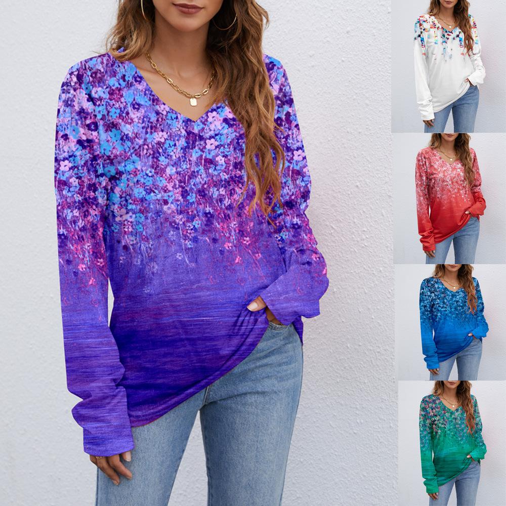 Europe, America wish Amazon independent station autumn and winter new V-neck printing long-sleeved women's T-shirt top