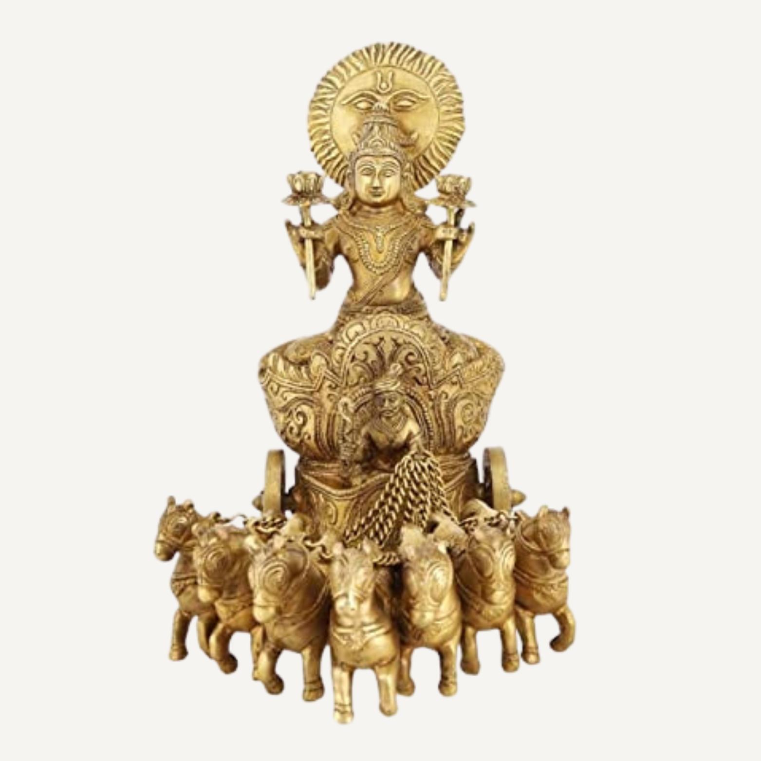 Ashtadhatu Made Shri Sun Idol With Chariot Shri Surya Narayan Puja Idol - 8 Cm
