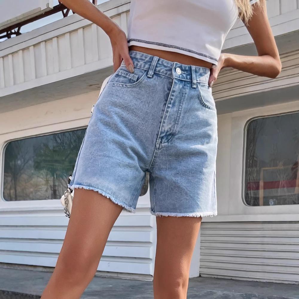 Summer Women High Waist Frayed Denim Shorts, Loose Casual Slim Fit Washed Raw Edge Jeans Shorts