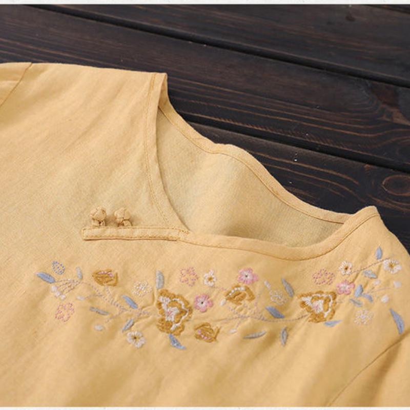 Ρετρό πόρπη με δίσκο από βαμβακερή και λινό κεντημένη μπλούζα Καλοκαιρινή χαλαρή έθνικ στυλ, στρογγυλή λαιμόκοψη, κοντομάνικη γυναίκα