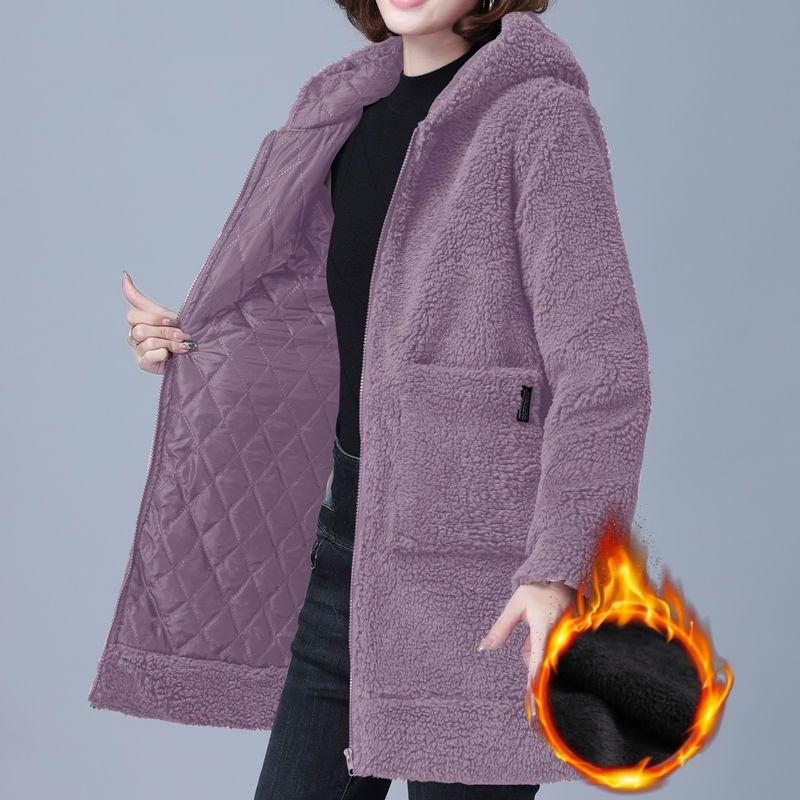 Plus Size Imitation Lamb Fleece Jacket Women's Winter Warm Quilted Jacket Mid-length Hooded Padded Jacket