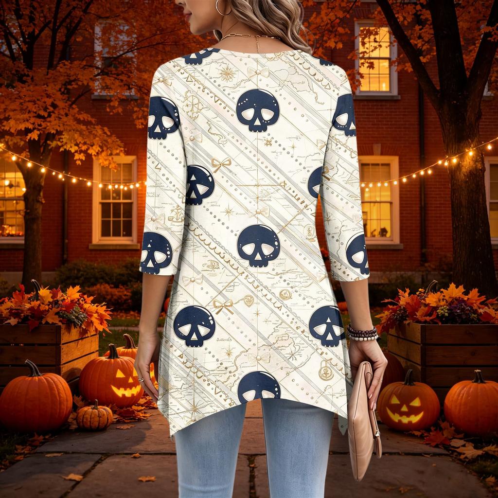 Women's Casual Halloween Print Top, Loose Fit Three-Quarter Sleeve