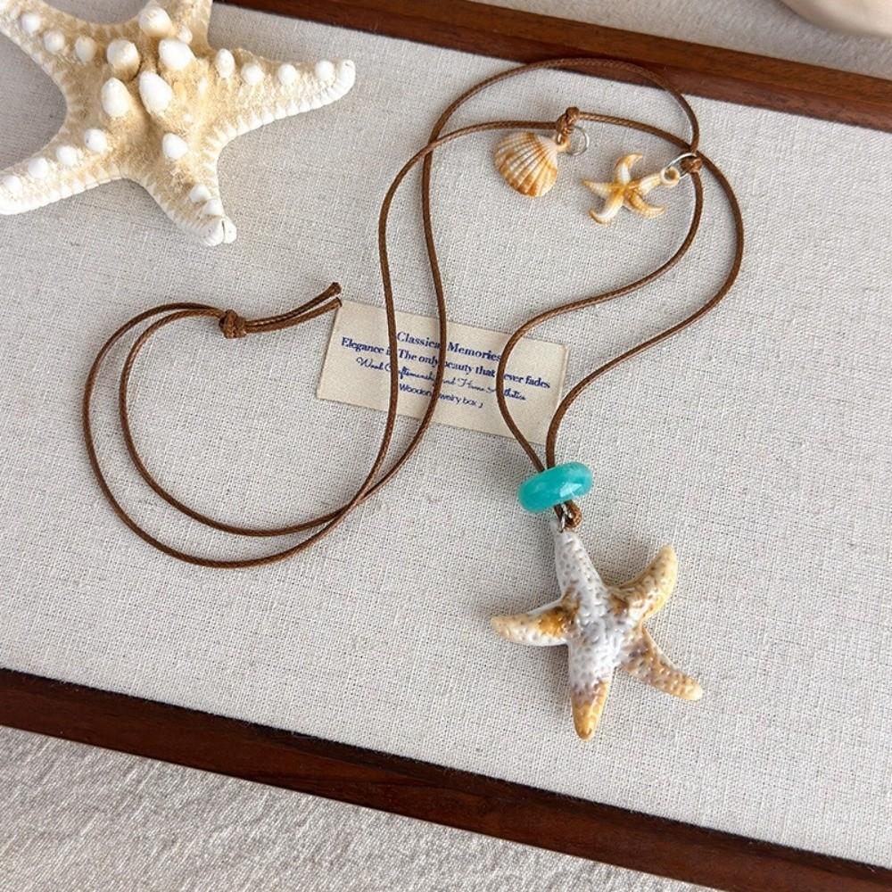 Wax Rope Starfish Clavicle Chain Long Adjustable Bohemian Beaded Necklace Daily Matching