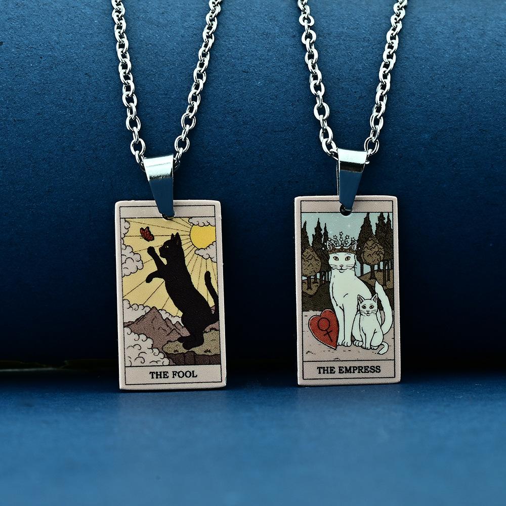 Stainless Steel Cat Tarot Card Necklace for Men Women Animal Divination Jewelry Accessory