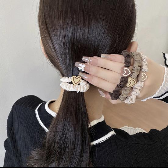 5Pcs Hair Ties Heart Decor Pleated Fabric High Elasticity Hair Ropes Lightweight Ponytail Holder Hair Accessories