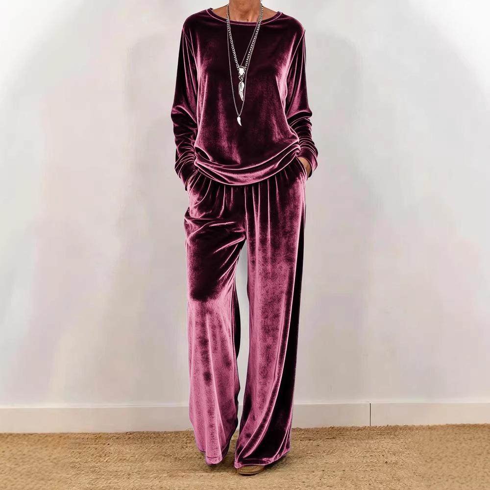 Women's Velvet Long Sleeve Top and Wide Leg Pants Set In 5 Colors
