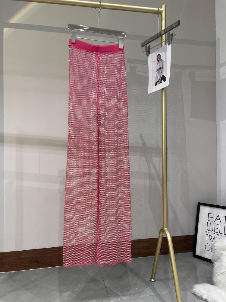 

Summer Sexy Cutout Rhinestone Wide-Leg Mesh Pants for Nightclub One Size розы красного