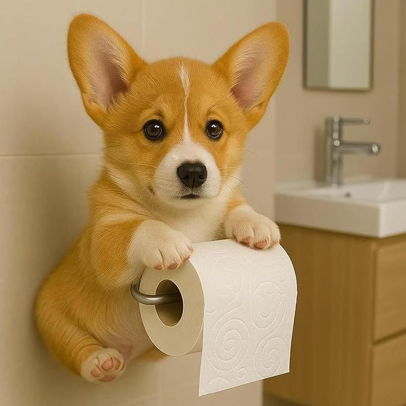 Cute Dog Toilet Paper Holder Wall Mount Resin Dog Roll Paper Organizer Bathroom Kitchen Paper Towel Tissue Dispenser Decoration