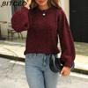 BITCED Autumn/Winter Sparkling Silk Bubble Sleeve Sweater Luxurious Back Tie-Detail Long-Sleeved Knitted Sweater