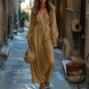 Women's Fashionable Sexy Style Deep V-Neck Long-Sleeve Solid Color  Wear Wide-Leg Pants Jumpsuit