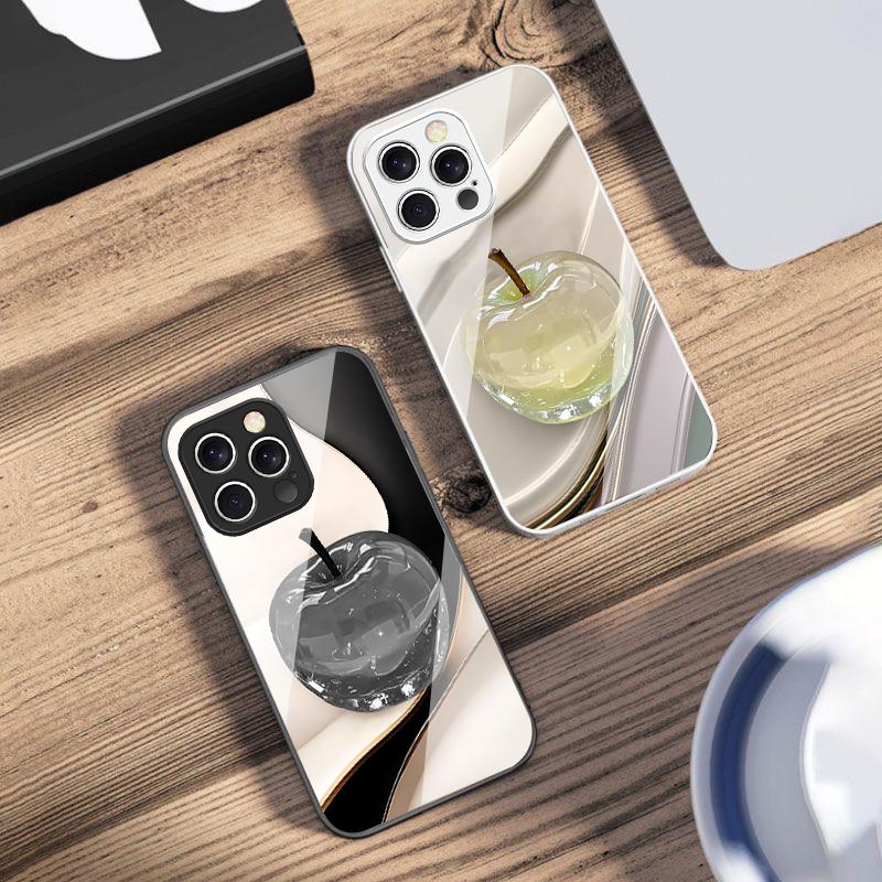 Transparente farbige Apfel Hülle For IPhone 16 Pro Max 15 Pro 14 13 12 Mini 11 XS M ax XR 7 8 Plu SE 2022 Gehärtetes Glas Handyhülle