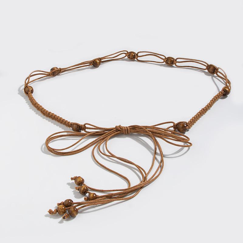 Bohemian Belt Ethnic Style Belt Woven Belt Wooden Beads Women's Thin Belt Leisure Vacation Style Waist Rope