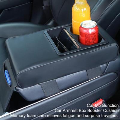 Car Armrest Cushion With 2 Cup Holder Storage Pockets Auto Center Console Arm Rest Heightening Pad Covers Armrest Protector