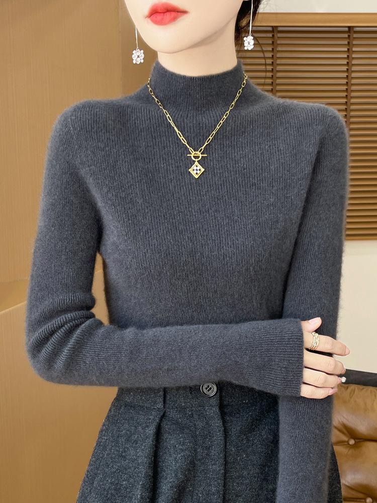 Women's Designer-Inspired Slim Fit Half-High Collar Knit Sweater, Thick Solid Color, Perfect Autumn/Winter Base Layer