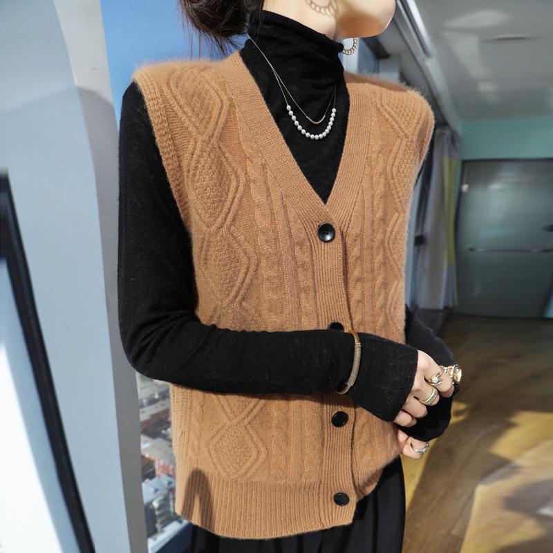 Dámská vlněná kardiganová vesta s výstřihem do V - Vrstvený pletený bezrukávý svrchní oděv s ramenními vycpávkami na podzim/zimu