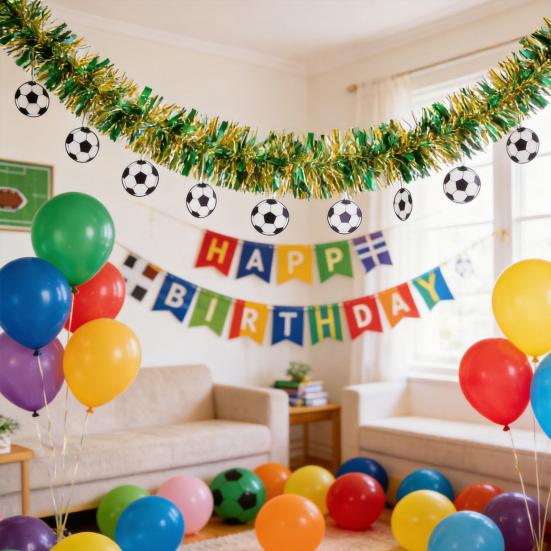 78.7" Soccer Tinsel Garland, Green And Gold Football Party Decoration with Soccer Cutouts for Event, Fan Cheering, Sports Birthday Party Supplies